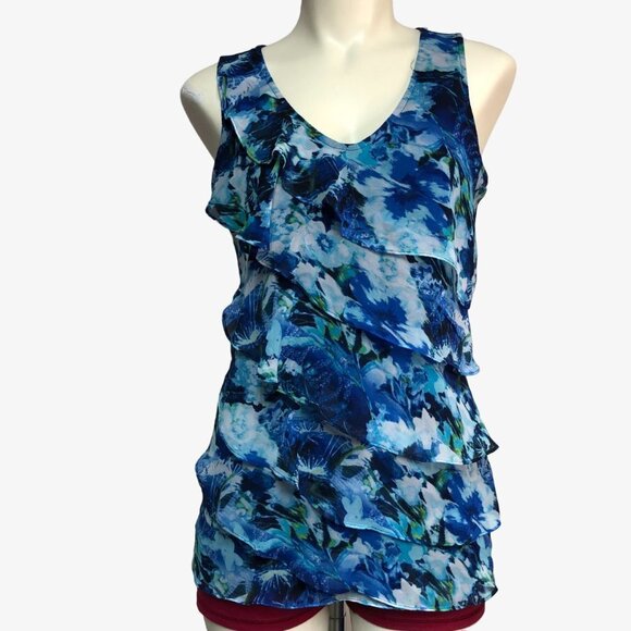 WHBM Ruffled Flowy Sleeveless Blue Floral Top Blouse Size X-Small - Picture 1 of 9